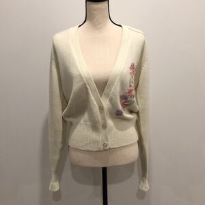 Lady Forsyth cream vintage knit sweater cardigan  floral embroidery SZ L
